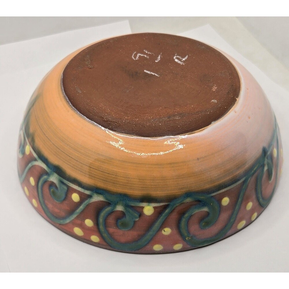 Earthworks Barbados Salad Bowl 6.5" Orange & Turquoise Stoneware Spiral Dot - Picture 5 of 13